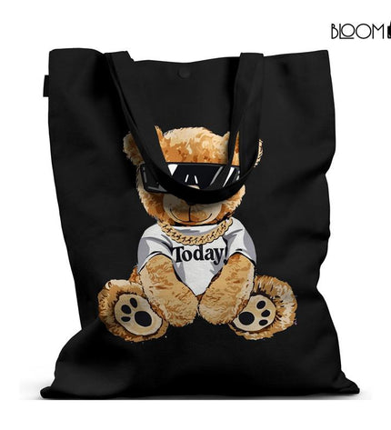 Trendy Black Tote Bag with Stylish Teddy Bear Design
