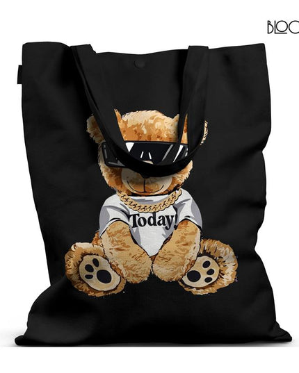 Trendy Black Tote Bag with Stylish Teddy Bear Design