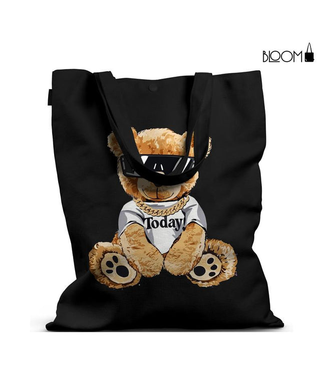 Trendy Black Tote Bag with Stylish Teddy Bear Design