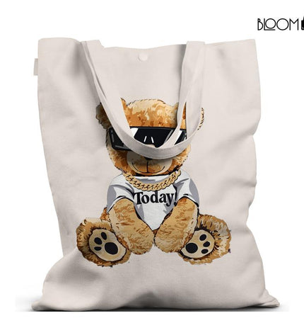 Trendy Black Tote Bag with Stylish Teddy Bear Design
